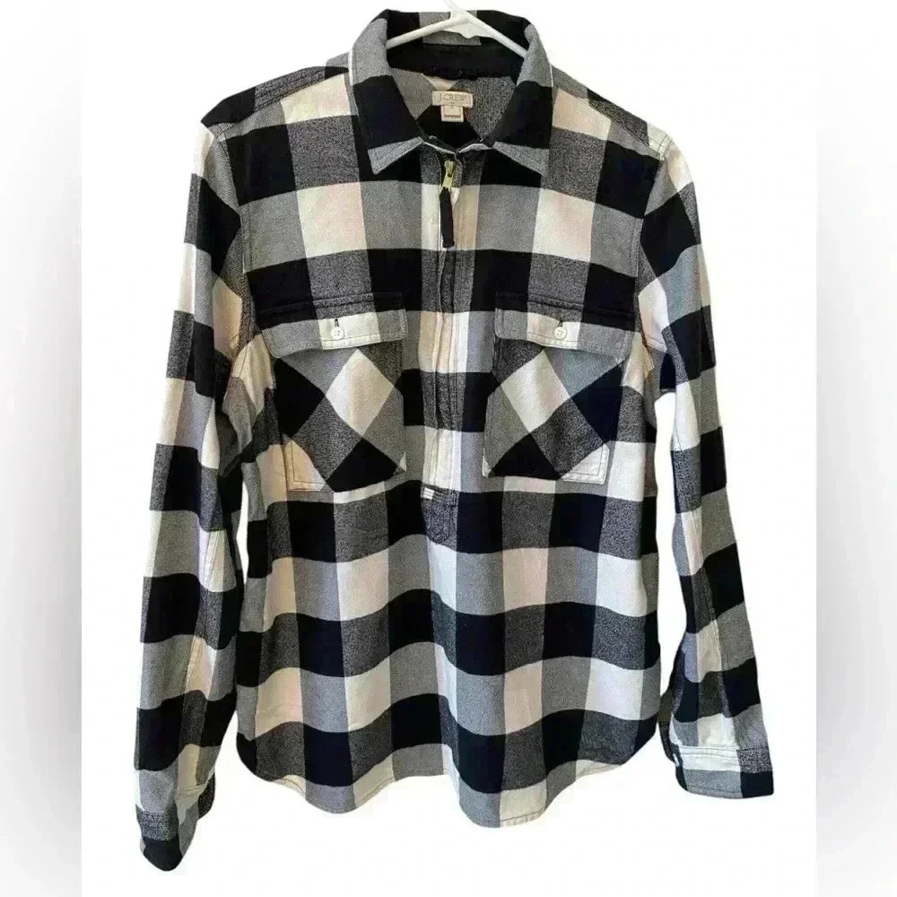 J. Crew Buffalo Check Flannel Top Quarter Zip Women’s Medium Black Creme Outdoor
